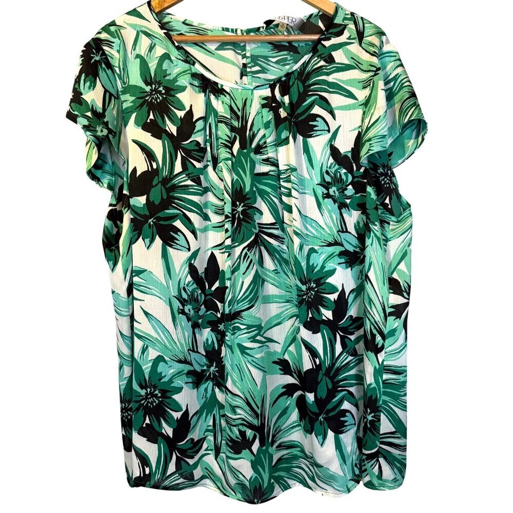 Kasper Green Tropical Floral Palm Leaf Print Blouse 3X‎ Office Mature Career